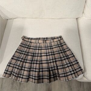 Plaid Pleated Skirt - Tan and Black